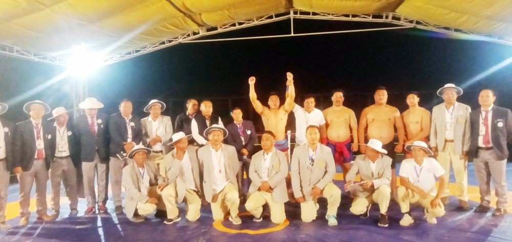 Ultimate Champion Venuzo Dawhuo (hands raised) and other competitors at the 13th Open Naga Wrestling Championship which was held in Kohima on April 9. (Morung Photo)