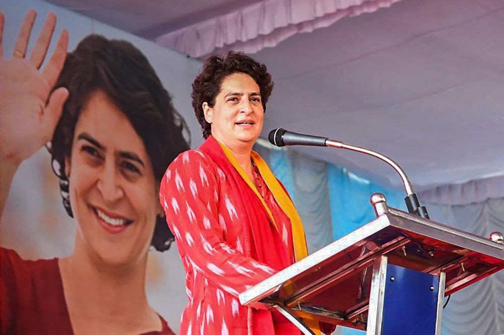 Thrissur: Congress leader Priyanka Gandhi during an election campaign rally for the Kerala assembly polls, in Thrissur district. (PTI Photo)