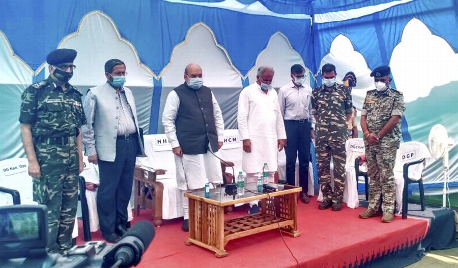 Union Home Minister Amit Shah and Chhattisgarh Chief  Minister Bhupesh Baghel during theit visit to Basaguda CRPF camp in Bijapur. (PTI Photo)