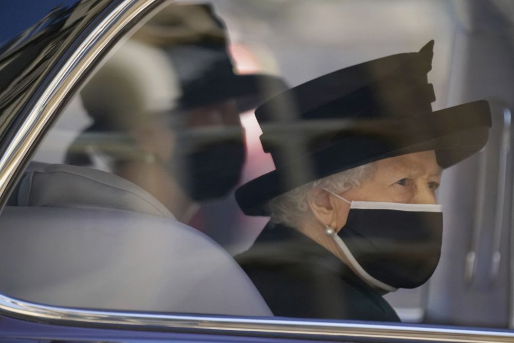 Windsor : Queen Elizabeth II arriving at St George's Chapel for Britain Prince Philip's funeral at Windsor Castle, Windsor, England, Saturday April 17, 2021. Prince Philip died April 9 at the age of 99 after 73 years of marriage to Britain's Queen Elizabeth II. AP/PTI