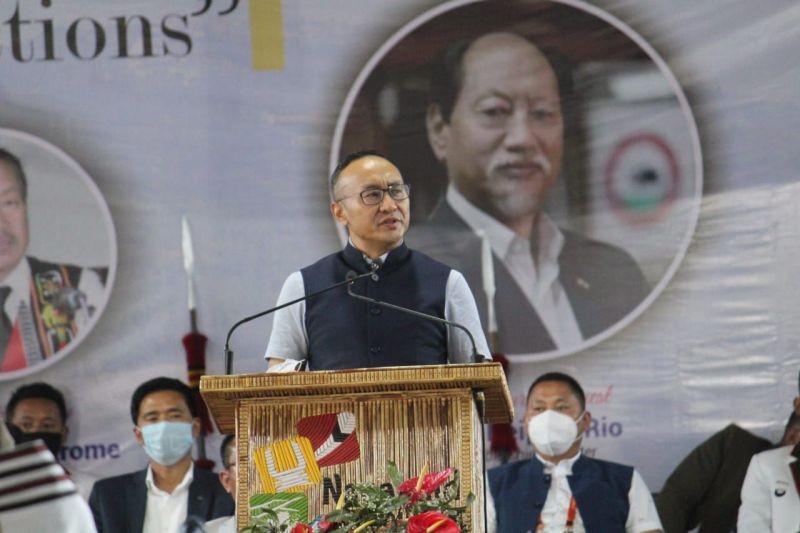 Mmhonlumo Kikon speaking as valedictory guest during 29th Biennial General Conference of Angami Students' Union at Heritage Village Kisama on April 25. (Morung Photo)