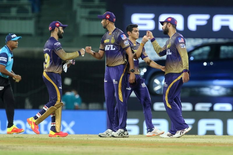 Kolkata Knight Riders players after  the match 3 of the Vivo Indian Premier League 2021 between Sunrisers Hyderabad and Kolkata Knight Riders held at the M. A. Chidambaram Stadium,in Chennai, Sunday, April 11, 2021. (PTI Photo)
