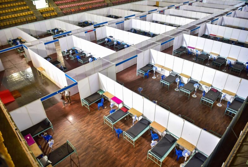 Bengaluru: A view of Covid Care Centre at Kormangala Indoor Stadium, amid surge in corona virus cases, in Bengaluru, Sunday, April 18, 2021. (PTI Photo/Shailendra Bhojak)
