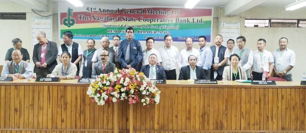 Officials from State department of Cooperation, Registrar of Cooperative Societies, NABARD, NStCB and board of directors at the 51st annual general meeting of NStCB held in Dimapur on April 8. (Morung Photo)