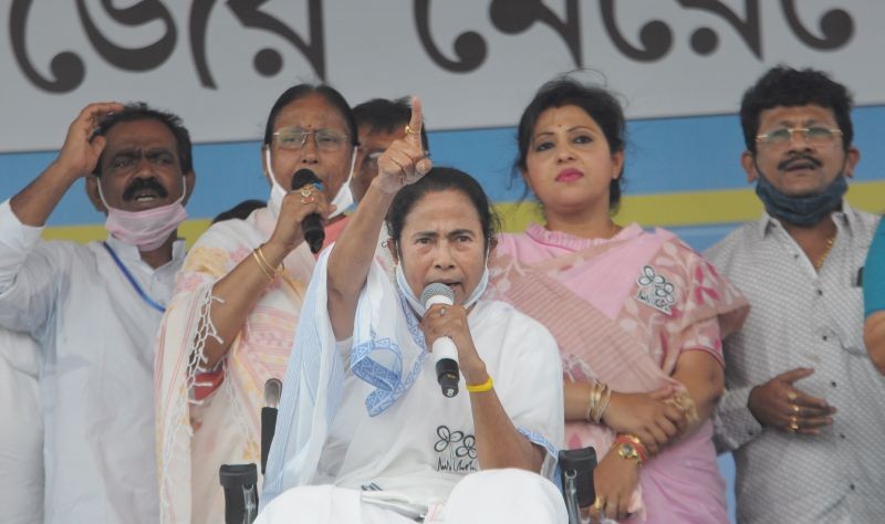 TMC supremo Mamata Banerjee during campaign for the State Assembly polls in Ranaghat, Nadia district on April 12, 2021. (PTI Photo)