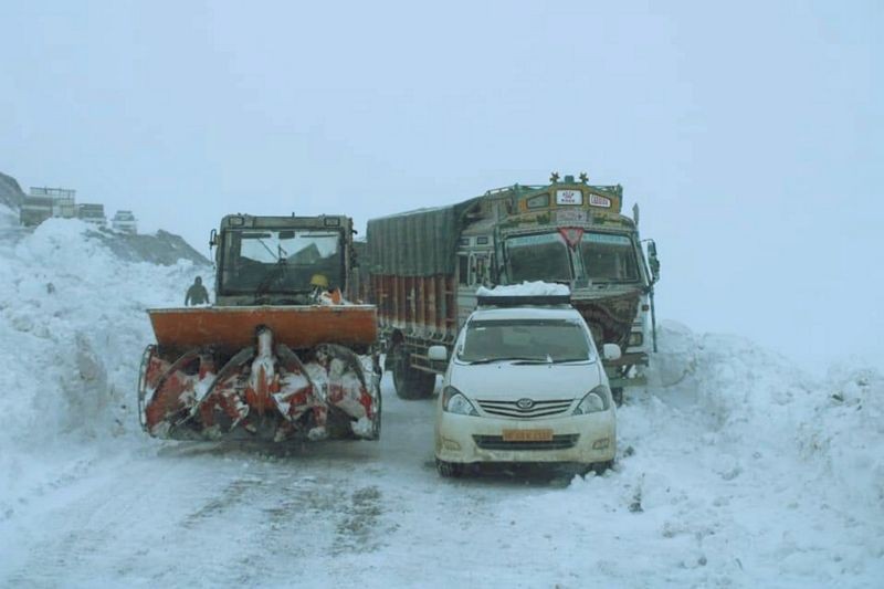 Baralacha Pass : A snow removing machine is used to clear a road near the  Baralacha Pass  on the Manali-Leh road, in Lahual-Spiti district, Friday, April 16, 2021. (PTI Photo)