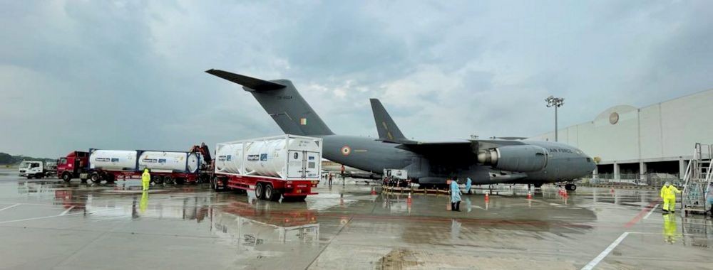 **EDS: TWITTER IMAGE POSTED BY PIB Home Affairs ON TUESDAY, APRIL, 27, 2021**IAF C17 transport aircraft gearing up to airlift more empty oxygen containers from Singapore today. These containers will further boost oxygen availability in the country in view of the current Covid - 19 surge. The airlift is being co-ordinated by MHA.(PTI Photo)