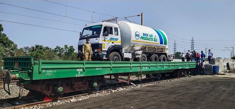 New Delhi:  'Oxygen Express Train' being used through green corridors to trasnport Liquid Medical Oxygen (LMO) and 0xygen cylinder, required for treatment of COVID-19 patients. (PTI Photo)
