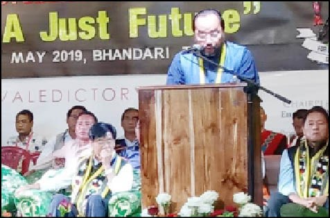 Nagaland Home Minister, Y Patton addressing the valedictory session of the 28th general conference of NSF in Bhandari town on May 10. (Morung Photo)