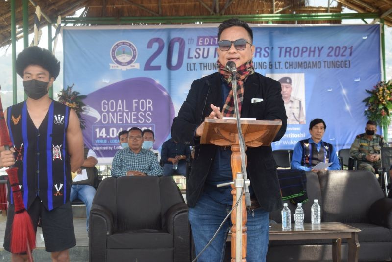 Dr Roland Lotha speaking opening function of  the 20th edition LSU martyrs trophy at local ground Wokha on April 14.