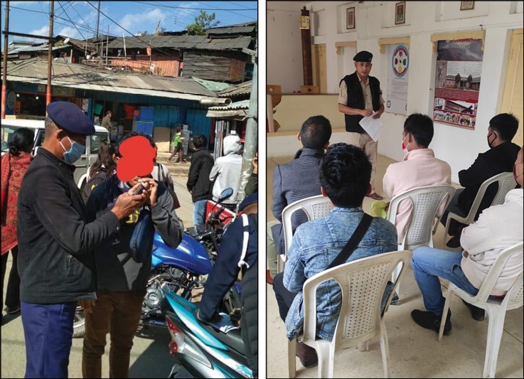 (L) Tuensang Police carrying out breath analyzer test. (R) Violators attending the weekly traffic class in Tuensang. (Photo Courtesy: DEF Tuensang)