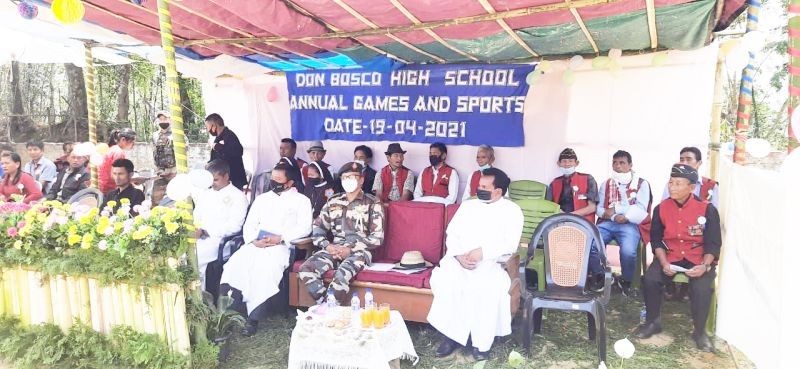 Deputy Commandant, 40 Assam Rifles, Wokha, Dr Robin Goyal with the Principal and staff during the annual sports of DBS Lakhuti on April 19.