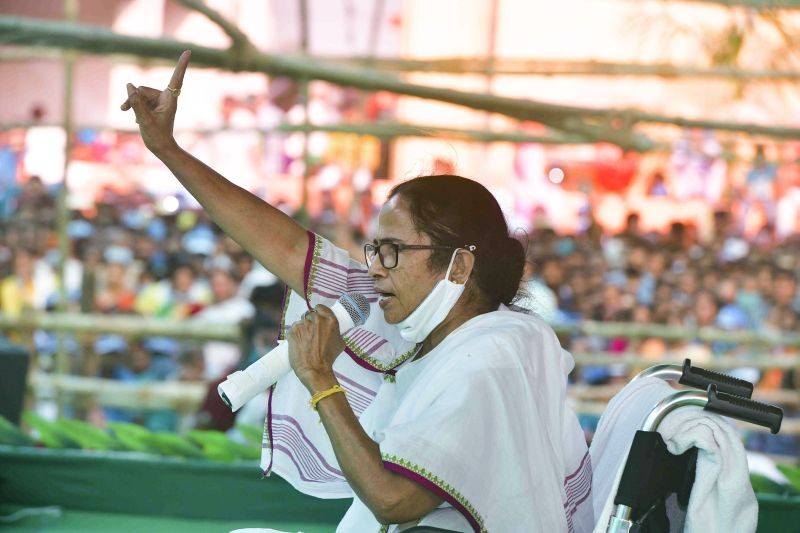 West Bengal CM and TMC supremo Mamata Banerjee addresses an election campaign rally for Assembly polls, at Sonarpur in South 24 Parganas on April 4, 2021.  (PTI Photo)