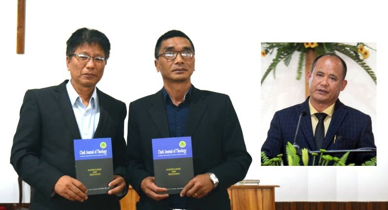 Editor of CJT Prof L Imsutoshi Jamir with the Principal Rev Dr A Temjen Jamir (Inset) Rev Dr Mar Pongener.