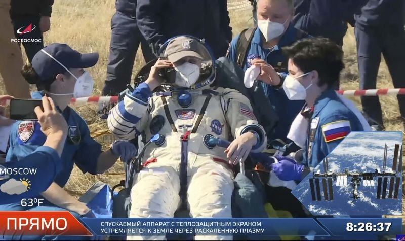 In this image made from video released by the Roscosmos Space Agency, U.S. astronaut Kate Rubins calls to her relatives shortly after the landing of the Russian Soyuz MS-17 space capsule south-east of the Kazakh town of Zhezkazgan, Kazakhstan on April 17, 2021. (AP/PTI Photo)