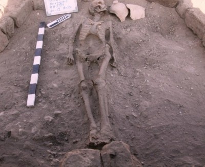 Photo taken on April 8, 2021 shows a human skeleton unearthed at the "Lost Gold City" in Luxor, Egypt. (IANS Photo)