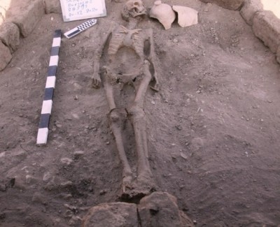 Photo taken on April 8, 2021 shows a human skeleton unearthed at the "Lost Gold City" in Luxor, Egypt. (IANS Photo)