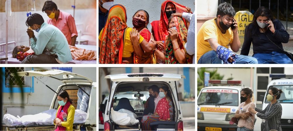 **EDS: COMBO PHOTO** New Delhi: In this combo photo, family members react after the death of their closed ones due to COVID-19 outside various mortuaries across India, as coronavirus cases surge countrywide, on Sunday, April 18, 2021. (PTI Photo)