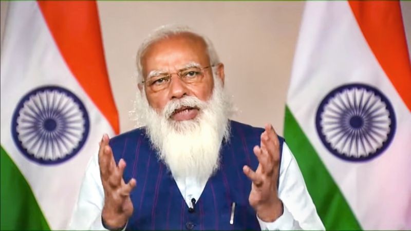 Prime Minister Narendra Modi addresses a conference of Vice Chancellors of various universities, via video conferencing, in New Delhi on April 14, 2021. (PTI Photo)