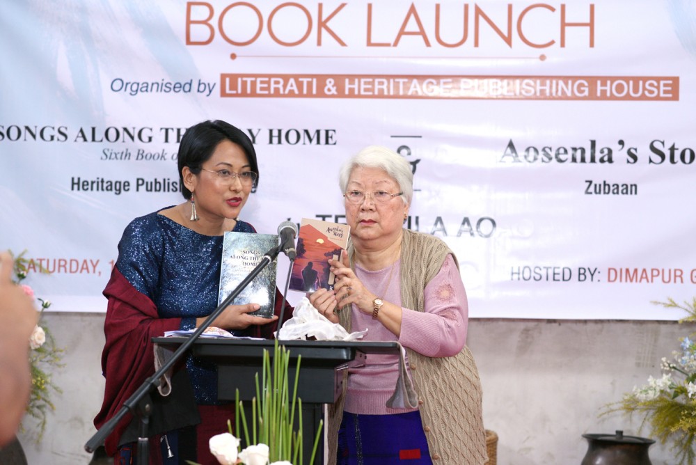 Prof. Temsula Ao (R) and A Sentiyula (L) at the launch of Prof. Ao’s books, Songs Along The Way Home (Heritage Publishing House) and Aosenla’s Story (Zubaan), at the Dimapur Government College on February 16. (Photo Courtesy: Lima Lemtur)