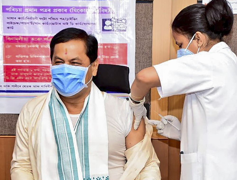 Guwahati: Assam Chief Minister Sarbananda Sonowal receives the first dose of COVID-19 vaccine, in Guwahati, Thursday, April 8, 2021. (PTI Photo)