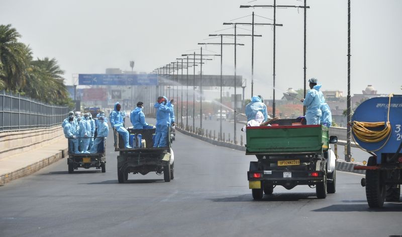 Lucknow: Lucknow Nagar Nigam launched a sanitization drive in the city during weekend lockdown imposed in the wake of rising Covid-19 cases across the country, in Lucknow, Sunday, April 18,  2021. (PTI Photo/Nand Kumar)