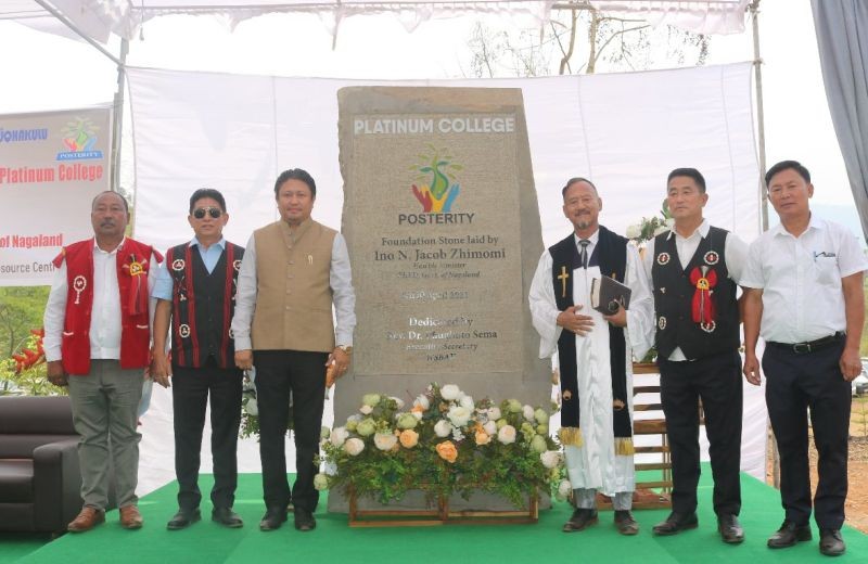 Rev Dr Phughoto Sema (third from right), Jacob Zhimomi (third from left) and others during the foundation laying ceremony at WSBAK Resource Centre, Nihokhu Village on April 10.