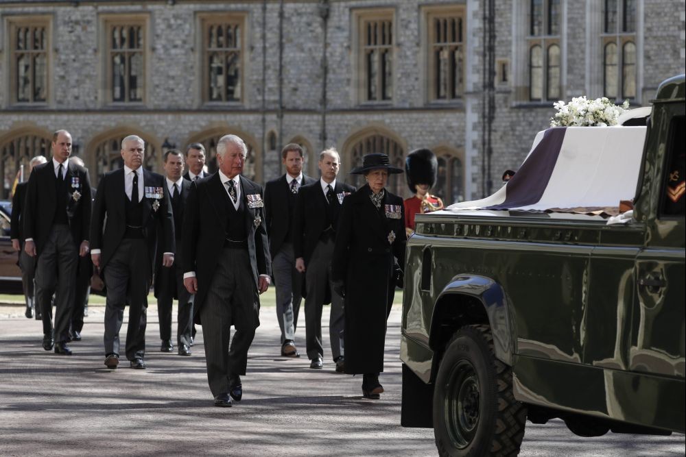 Windsor: From front left, Britain's Prince Charles, Princess Anne, Prince Andrew. Prince Edward, Prince William, Peter Phillips, Prince Harry, Earl of Snowdon and Tim Laurence follow the coffin in a ceremonial procession for the funeral of Britain's Prince Philip inside Windsor Castle in Windsor, England Saturday April 17, 2021. Prince Philip died April 9 at the age of 99 after 73 years of marriage to Britain's Queen Elizabeth II. AP/PTI