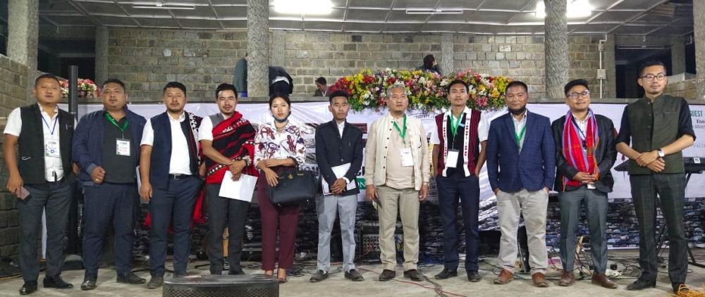 NSF Chief Election Commissioner K Elu Ndang with the new executive council of NSF during 29th general conference of NSF in Kohima on April 30.