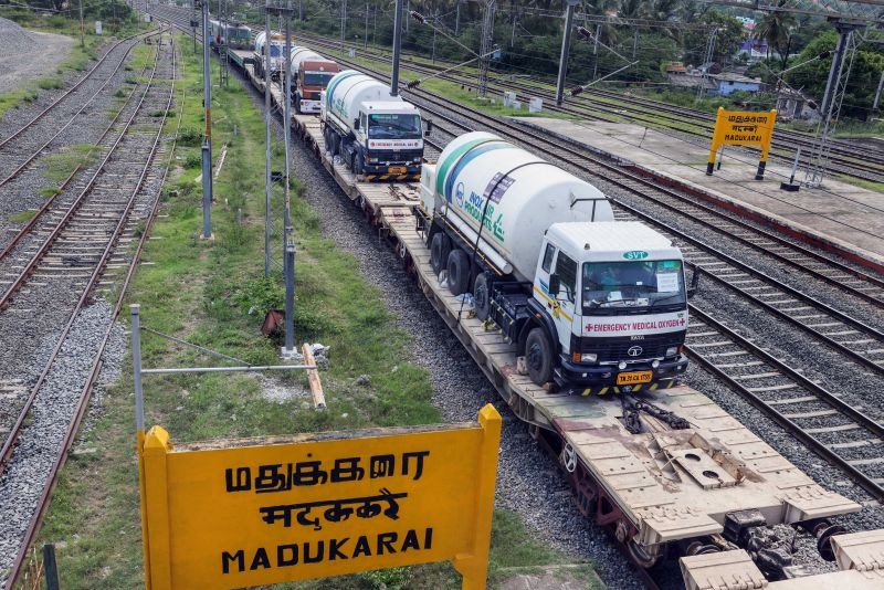 Coimbatore: Oxygen Express coming from Orissa reaches Madukkarai railway station in Coimbatore, Thursday, May 27, 2021. (PTI Photo)