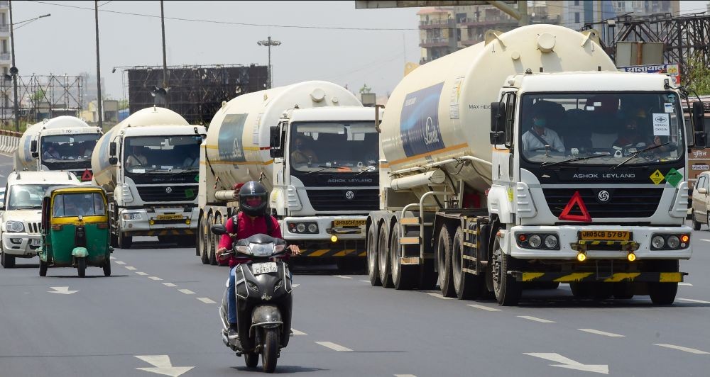 Ghaziabad: Tankers with medical oxygen gas for COVID-19 patients, amid a shortage of gas in many parts of the country due to surge in coronavirus cases, in Ghaziabad, Monday, May 3, 2021.  (PTI Photo/Kamal Kishore)