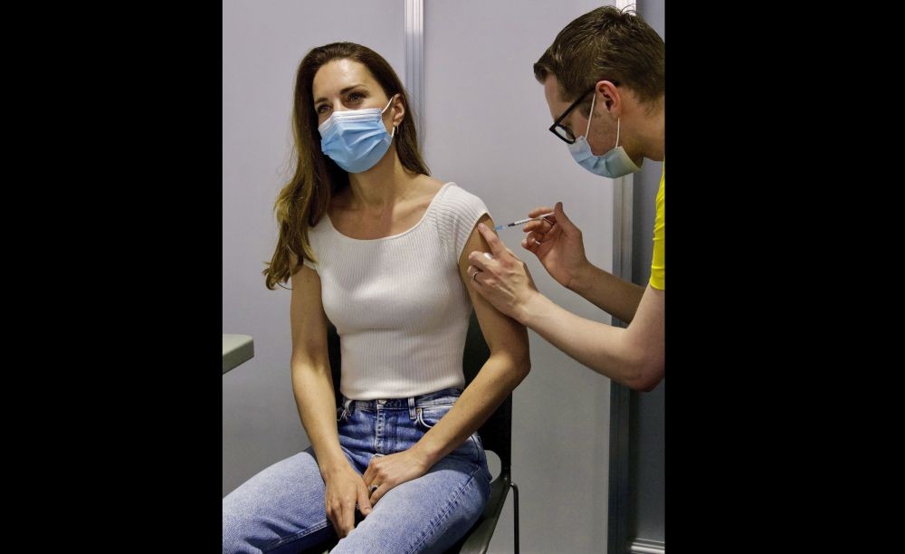 London: In this photo released by Kensington Palace on Saturday, May 29, 2021, Britain s Kate, the Duchess of Cambridge receives her coronavirus vaccine at London s Science Museum on Friday.AP/PTI