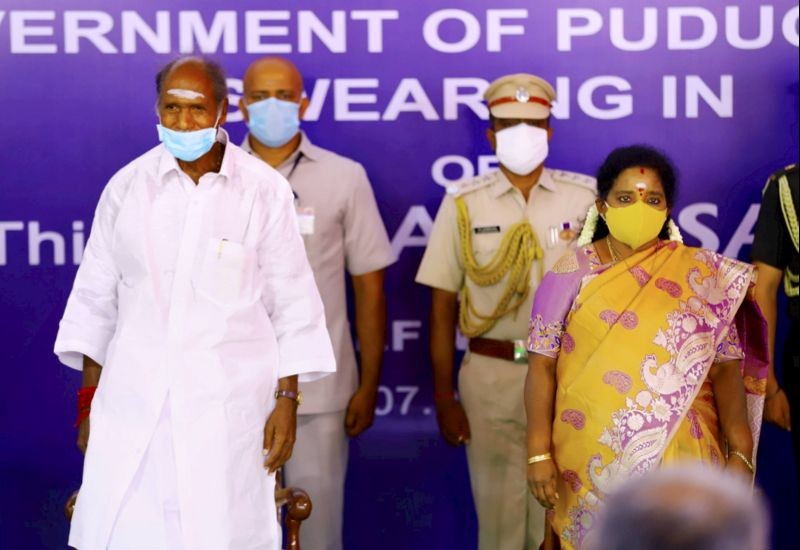 Puducherry NR Congress leader N Rangasamy with Lt Governor Dr Tamilisai Soundararajan after being sworn-in Puducherry Chief Minister, at a ceremony in Puducherry on May 7, 2021. (PTI Photo)