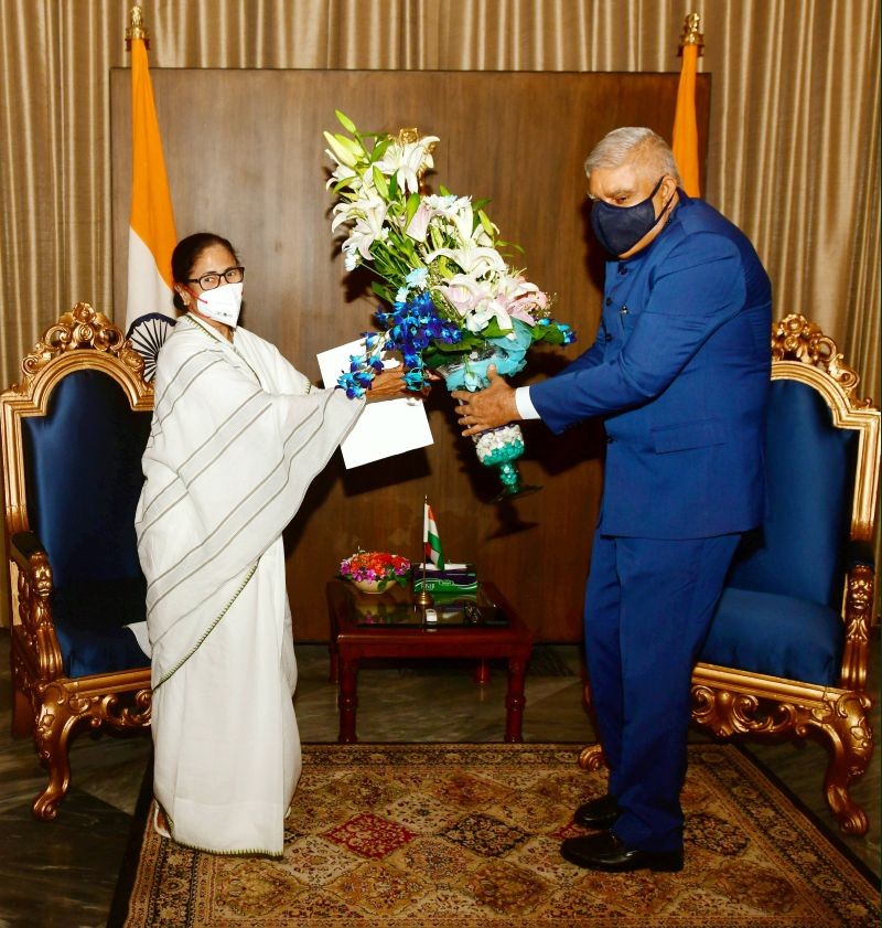 Trinamool Congress (TMC) supremo Mamata Banerjee (L) meets West Bengal governor Jagdeep Dhankhar at Raj Bhavan, in Kolkata on May 3, 2021. (PTI Photo)