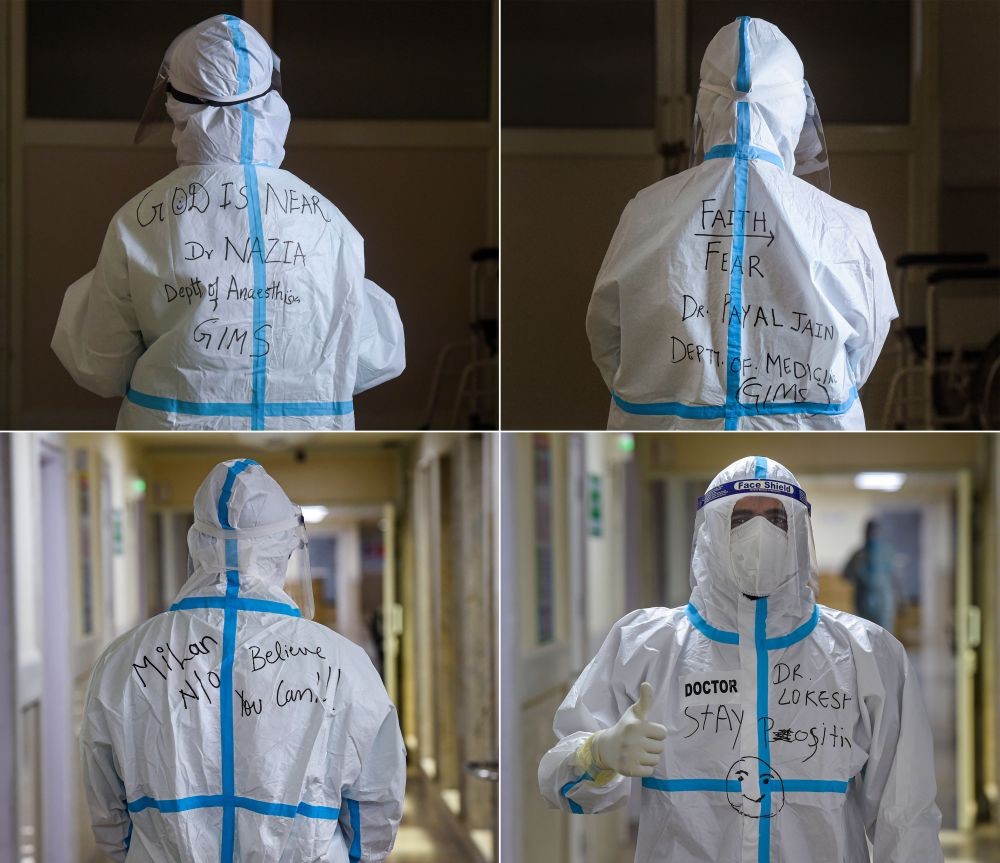 Greater Noida: Doctors' names written on their PPE kits to help COVID -19 patients in identifying them, at Government Institute of Medical Sciences, in Greater Noida, Uttar Pradesh, Tuesday, May 25, 2021. (PTI Photo/Manvender Vashist)