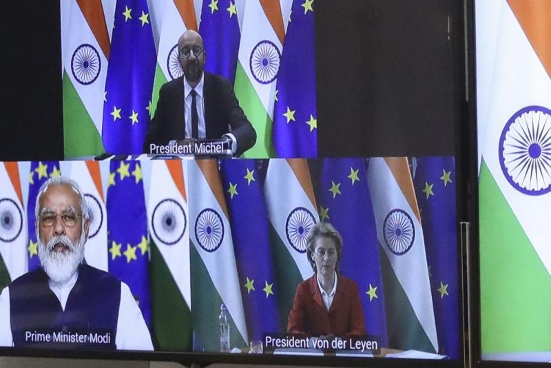In this Wednesday, July 15, 2020 file photo, European Council President Charles Michel, top screen, and European Commission President Ursula von der Leyen, screen right, speak with India's Prime Minister Shri Narenda Modi during an EU-India videoconference summit from the EU Council building in Brussels. European Union leaders are meeting for a summit in Portugal on Friday, May 7 sending a signal they see the threat from COVID-19 on their continent as waning amid a quickening vaccine rollout. Their talks hope to repair some of the damage the coronavirus has caused in the bloc, in such areas as welfare and employment. (AP File Photo )