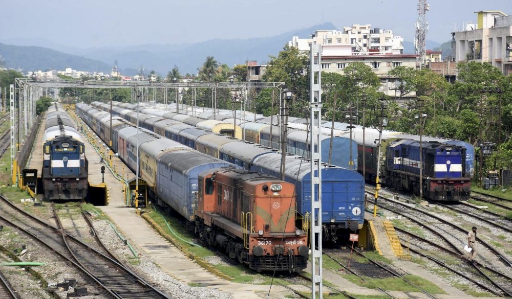 Guwahati: Trains parked at the Gauhati Railway Station in Guwahati, Friday, May 07, 2021. Indian Railways has cancelled a host of trains from May 9, Sunday amid the surge in coronavirus cases across the country.  (PTI Photo)