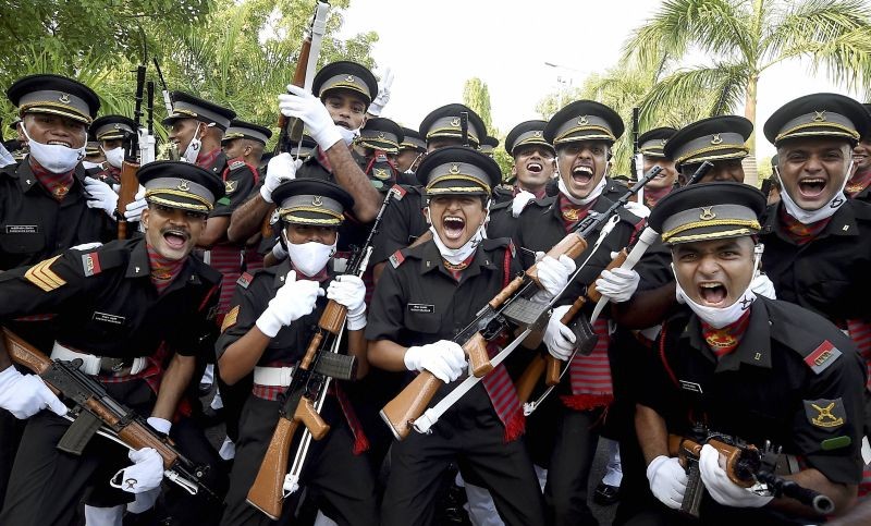 Chennai: Cadets celebrate during their graduation ceremony at the Officers Training Academy (OTA), in Chennai, Saturday, May 29, 2021. (PTI Photo/R Senthil Kumar)