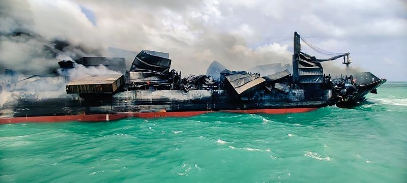 Colombo: Charred remains of MV X-Press Pearl after the fire was doused. (PTI Photo)