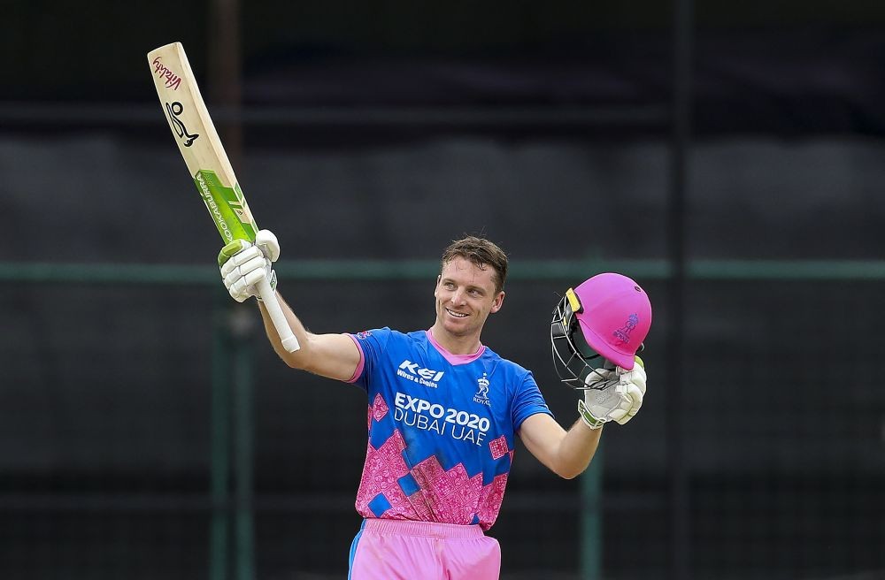 New Delhi: Jos Buttler of Rajasthan Royals celebrates his century  during match 28 of the Vivo Indian Premier League between the Rajasthan Royals and the Sunrisers Hyderabad held at the Arun Jaitley Stadium  in New Delhi, Sunday, May 2, 2021.  (PTI Photo/Sportzpics for IPL)(