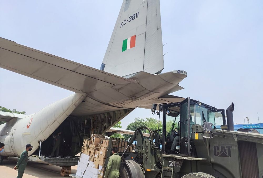 **EDS: HANDOUT PHOTO MADE AVAILABLE FROM IAF PRO ON SUNDAY, MAY 9, 2021** New Delhi: IAF is operating a Covid Air Support Management Cell (CASMC) at Palam Air Base, Delhi since April 27. The primary task of the cell is to efficiently coordinate for the distribution of all the relief aid coming from foreign countries: IAF. (PTI Photo)