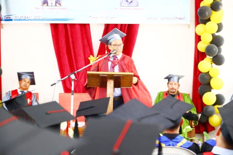 Rev Dr Yiepetso Wezah, Auxiliary Secretary, BSI Dimapur  speaking during the graduation day programme at Logos College Dimapur. (Photo Courtesy: Logos College Dimapur)