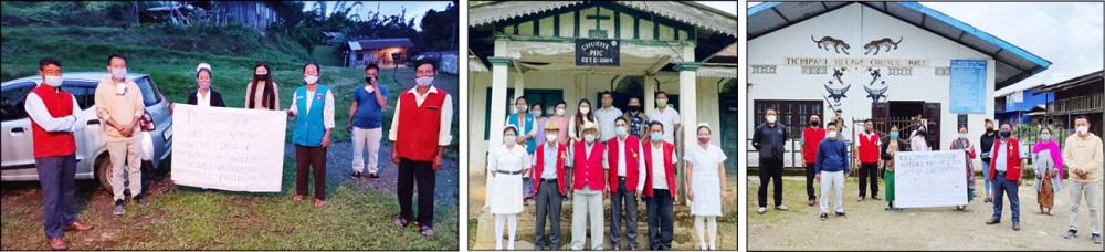 (Left) The medical team under Suruhuto block along with village elders at Phuye Old village on June 26. (Center) Medical team and village elders of Ghukiye village under Satakha Block, Zunheboto at the Ghukiye PHC. (Right) Dr Kuzo, SDO, Suruhoto with village elders and medical team posing for lens after fully vaccinating all the eligible beneficiaries in Tichipami Village.