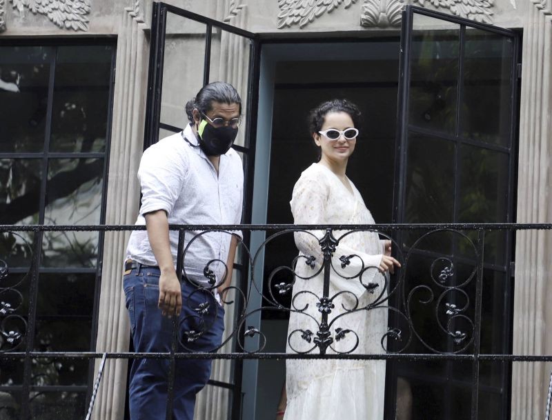 Mumbai: Bollywood actress Kangana Ranaut visits her office in Khar, Mumbai, Tuesday, June 8, 2021. The same office was demolished by BMC a few months back. (PTI Photo)