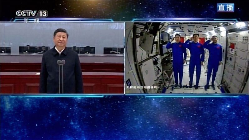 In this image taken from video footage run by China's CCTV, Chinese astronauts, right, salute as they talk with Chinese President Xi Jinping, at the China's new space station in space on June 23, 2021. (AP/PTI Photo)