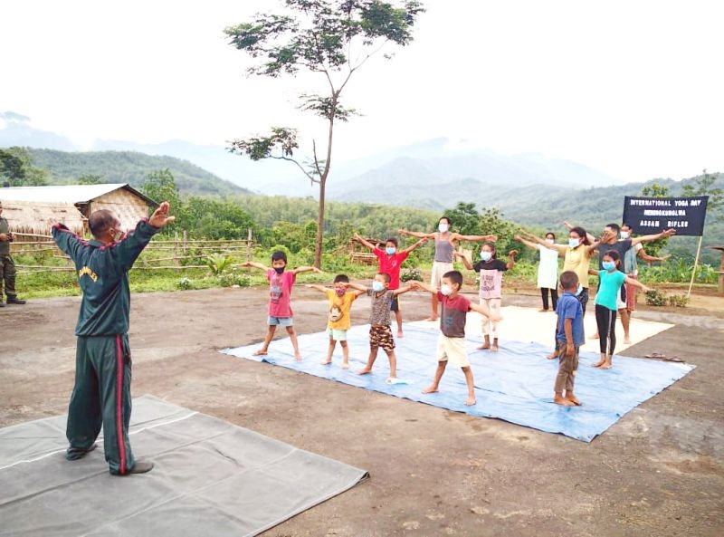 Children attend a session on benefits of Yoga which was organized by the Jalukie Battalion of Assam Rifles under the aegis of HQ IGAR (North) in Peren district on June 20. The International Day of Yoga is celebrated annually on June 21 since 2015, following its inception in the United Nations General Assembly in 2014.  [Photo Courtesy: HQ IGAR (N)]