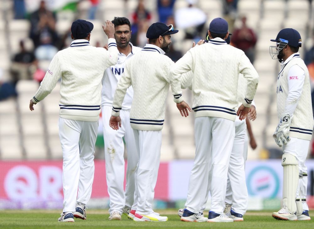 Southampton : India's Ravichandran Ashwin, second left, celebrates with teammates the dismissal of New Zealand's Neil Wagner during the fifth day of the World Test Championship final cricket match between New Zealand and India, at the Rose Bowl in Southampton, England, Tuesday, June 22, 2021. AP/PTI