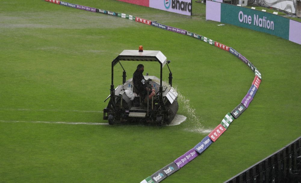 Southampton:  A super sopper is used to remove water after rain delayed start of the first day of the World Test Championship final cricket match between New Zealand and India, at the Ageas Bowl in Southampton, England, Friday, June 18, 2021.AP/PTI