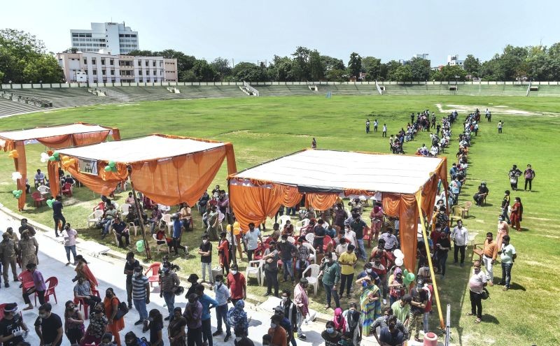 Long queues during a mega vaccination drive at a COVID-19 vaccination center, established at K D Singh Babu Stadium in Lucknow on June 1, 2021.(PTI Photo)