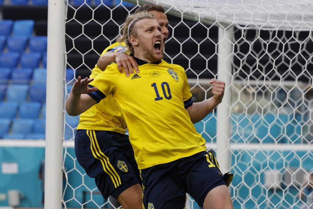 St. Petersburg: Sweden's Emil Forsberg celebrates after scoring his side's opening goal during the Euro 2020 soccer championship group E match between Sweden and Slovakia, at the Saint Petersburg stadium, in Saint Petersburg, Russia, Friday, June 18, 2021. AP/PTI